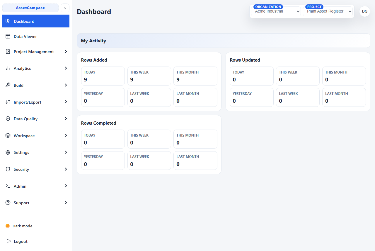 The main layout: left menu, project switcher, and content panel.