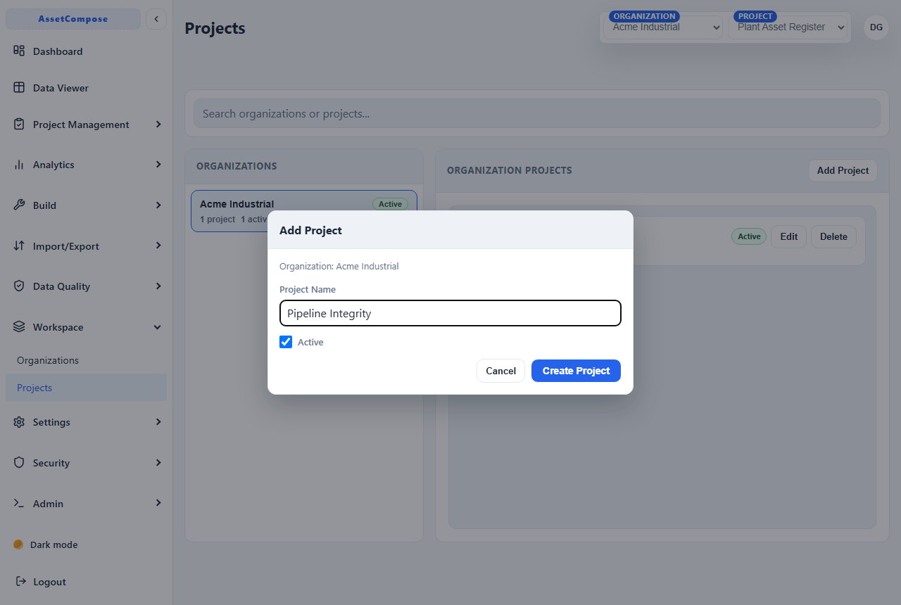 Creating a project and assigning its tables.