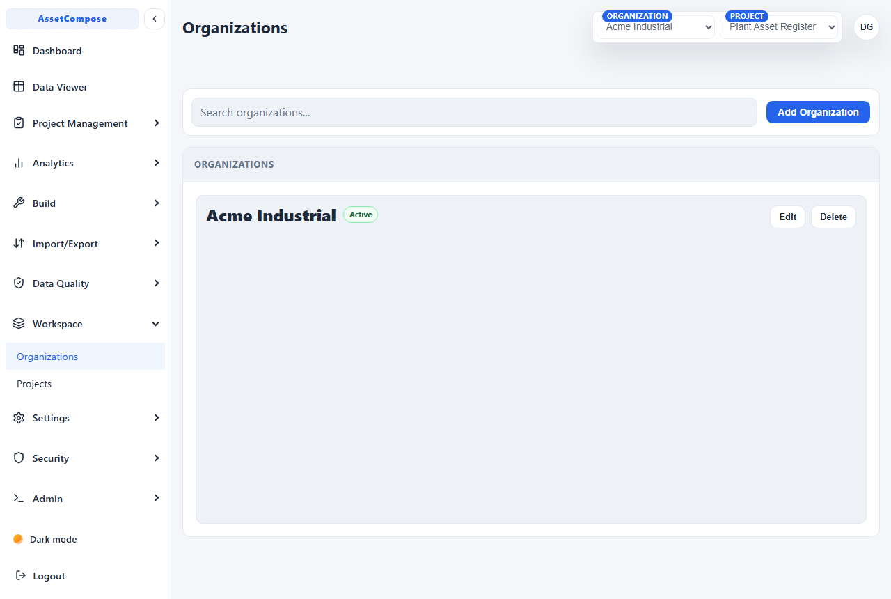 The Organizations list with the Create action.