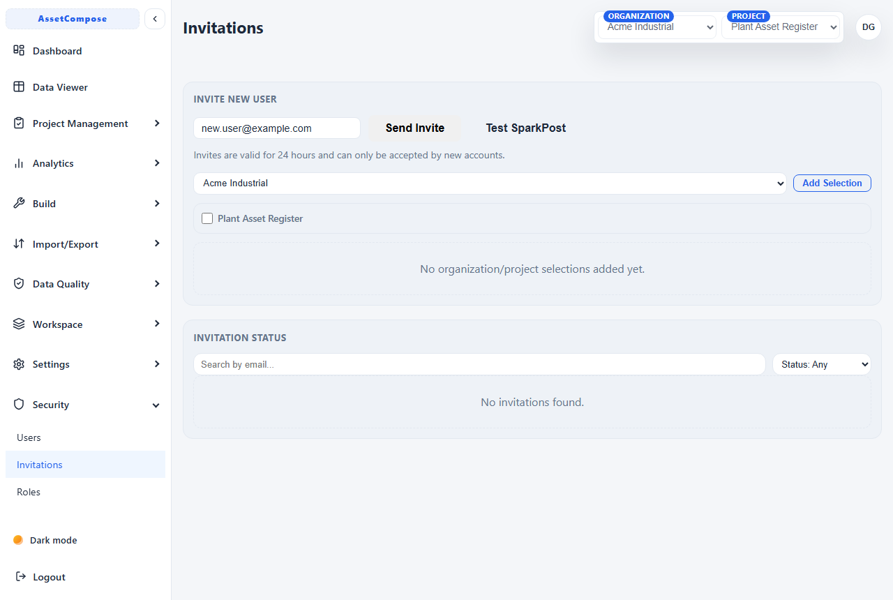 Sending an email invitation to a new user.