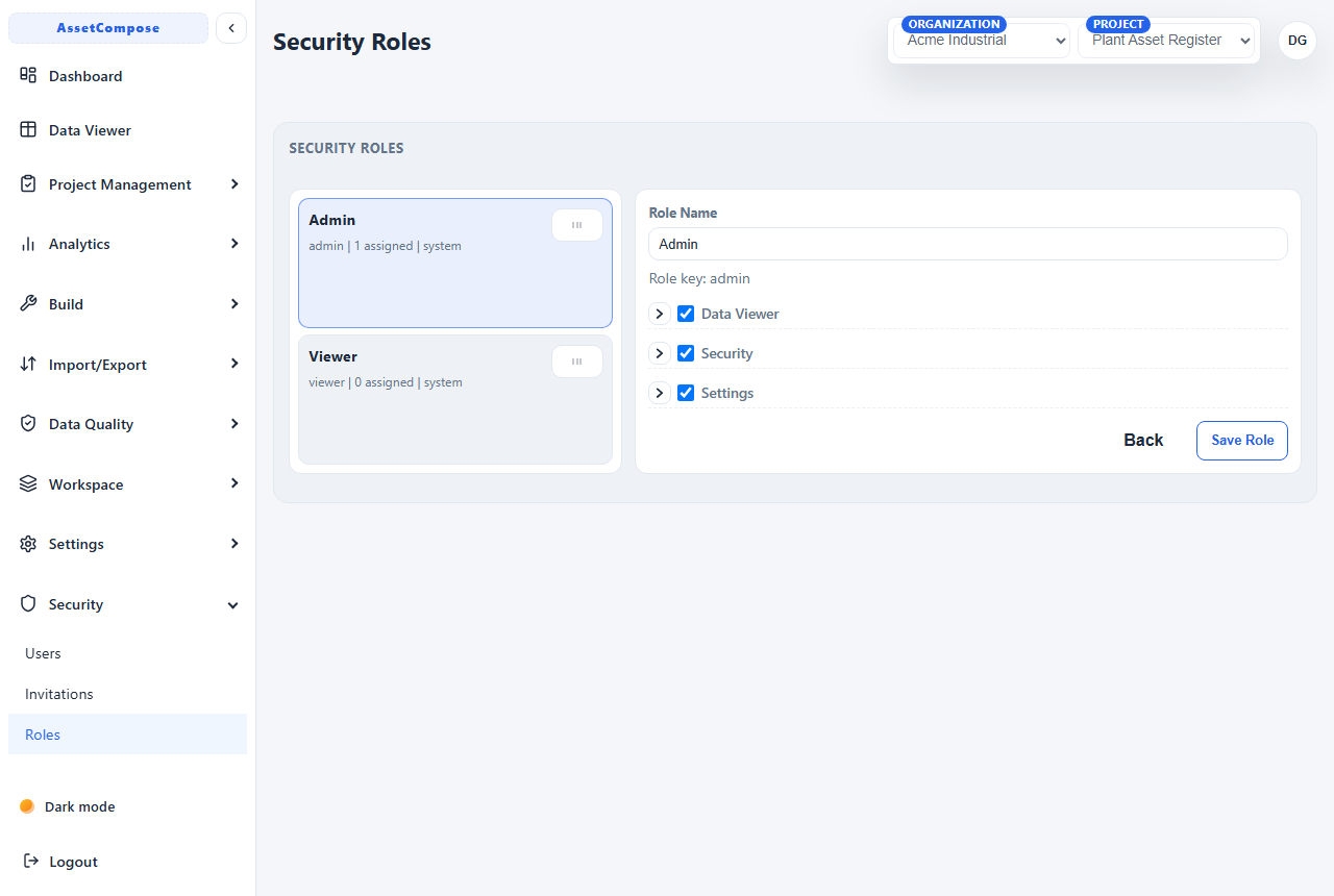 Defining a role and its permissions.