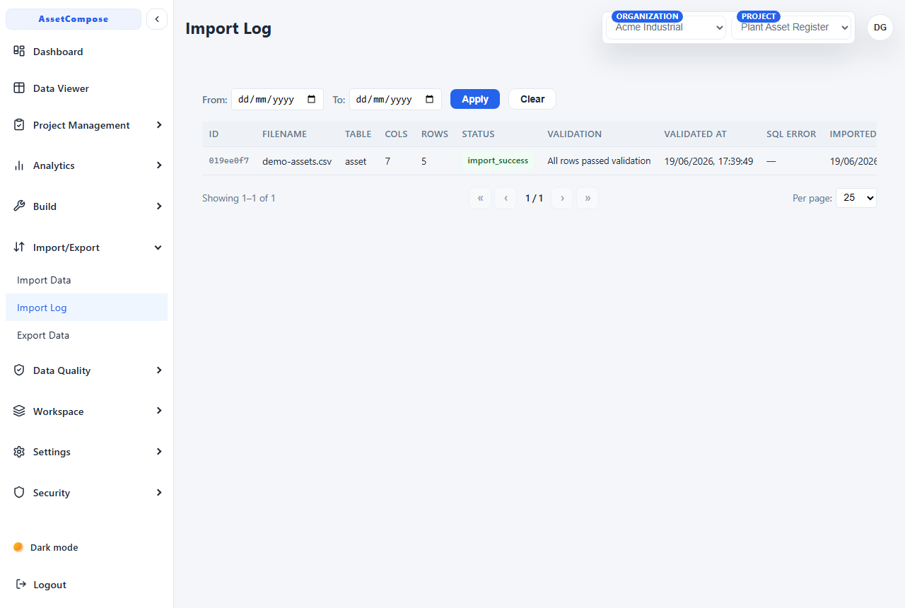 The Import Log showing past import outcomes.