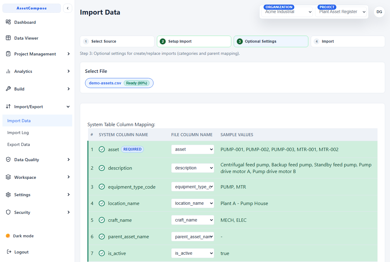 Reviewing automatic column mapping before import.