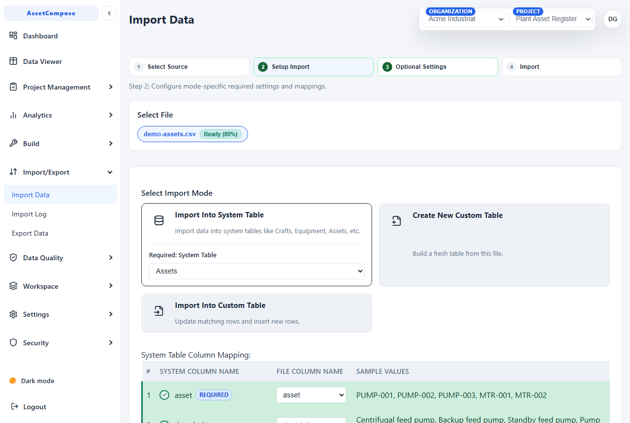 Selecting a CSV file and target table.