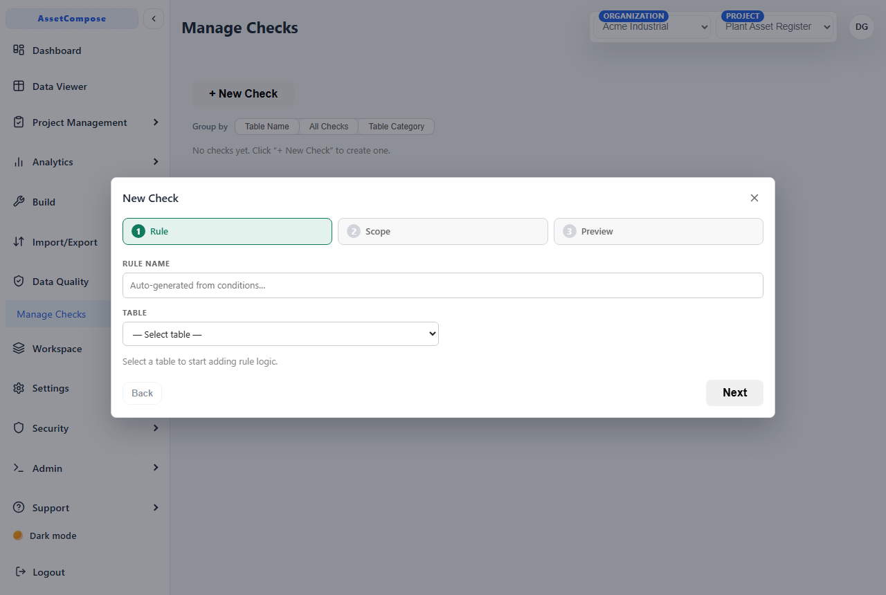 Creating a new data-quality check with a rule type.