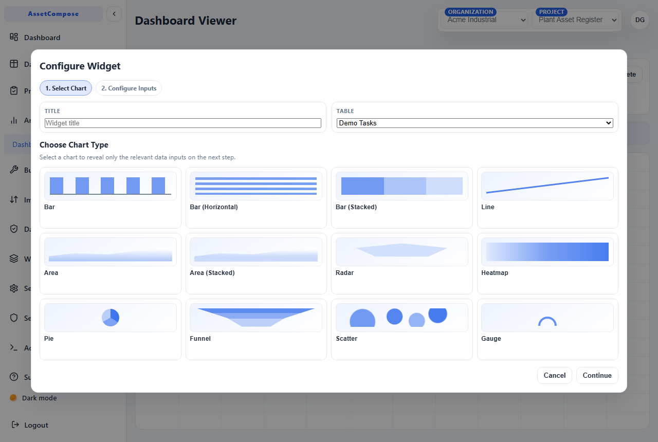 Configuring a dashboard widget.