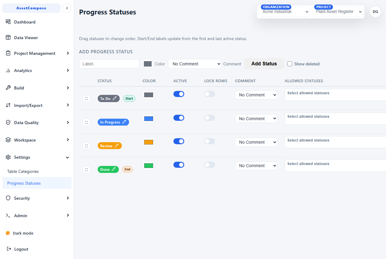 The Settings area with progress statuses and table categories.