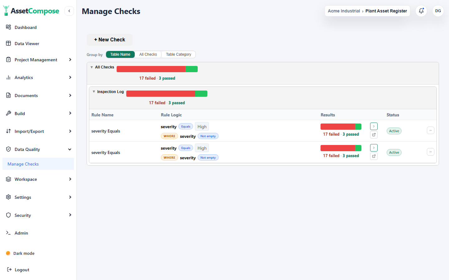 The Data Quality screen, where your checks are listed and the New Check button lives.