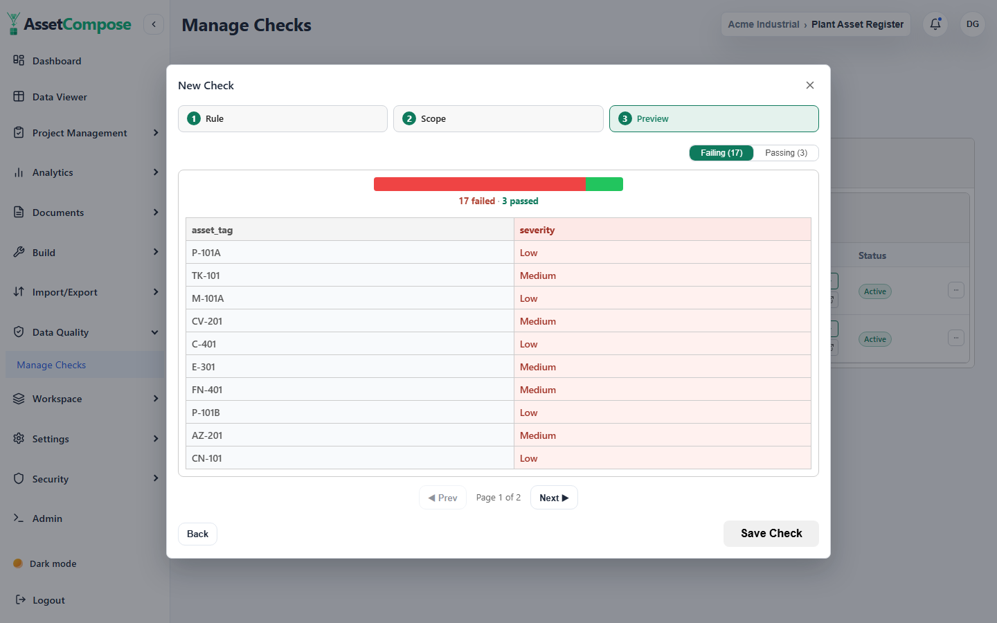 Step 3: the failing rows for a check, with a Failing / Passing toggle.