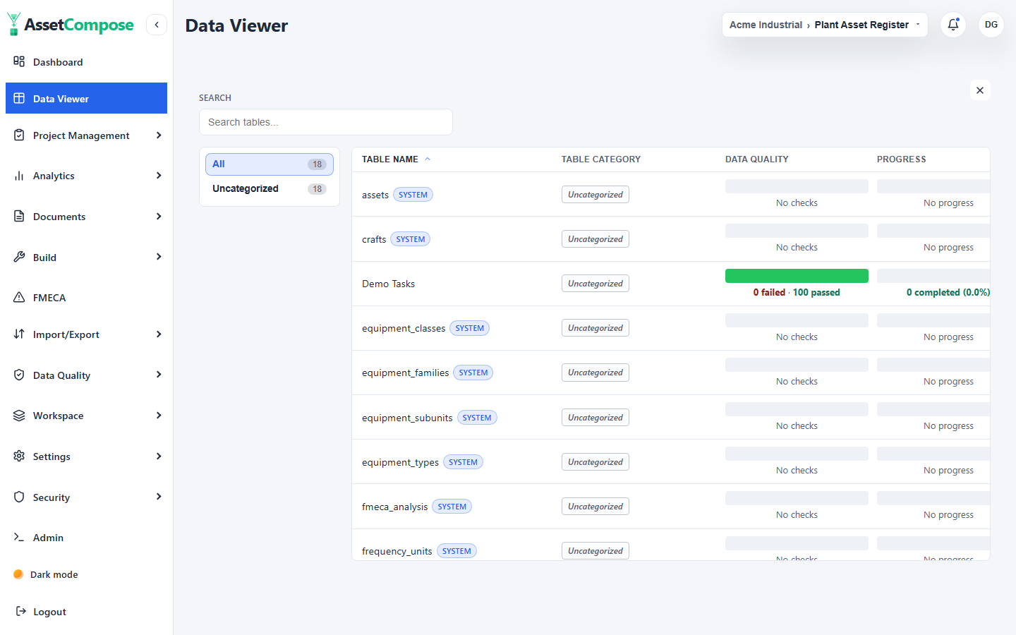 The table picker: categories down the left, the searchable table list on the right.