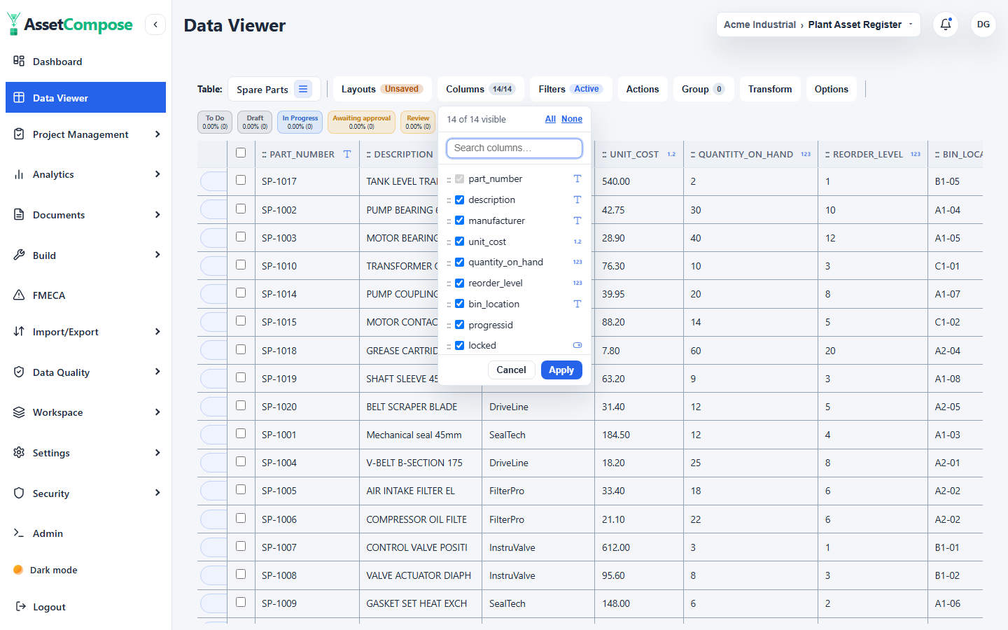 The Columns panel: tick to show/hide, drag to reorder, search to find.