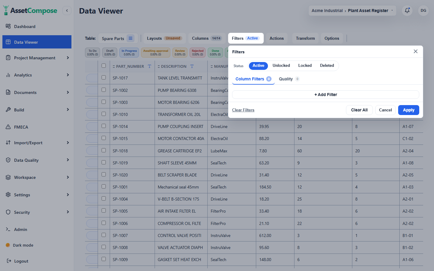 The Filters panel: the Status control on top, the four condition tabs below.