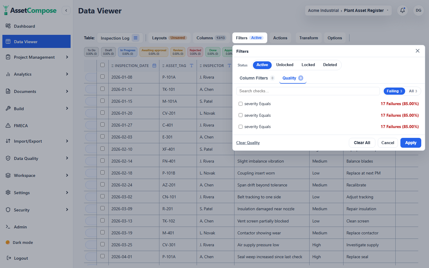 The Quality tab: checks with failure counts, ready to filter the grid to failing rows.