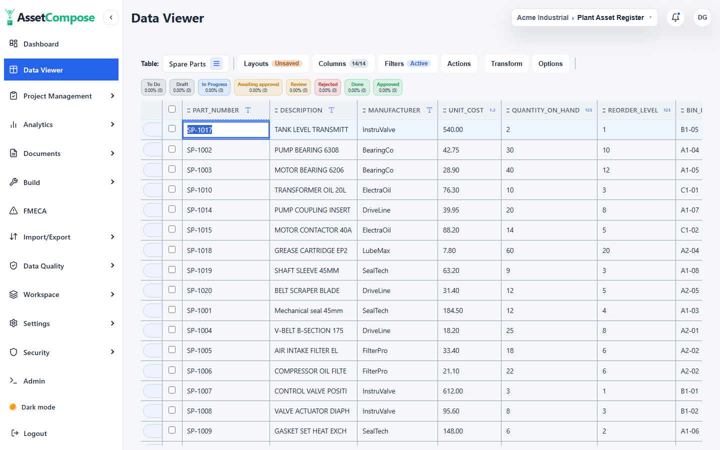 Editing a cell in place, with the editor matched to the column type.