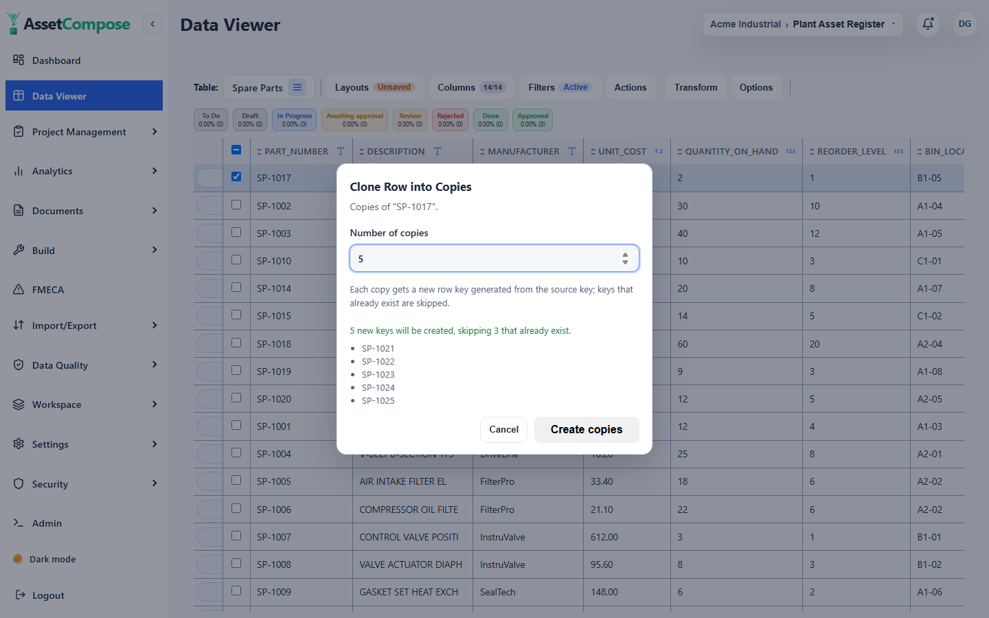 The Clone Row into Copies dialog, making several numbered copies at once.