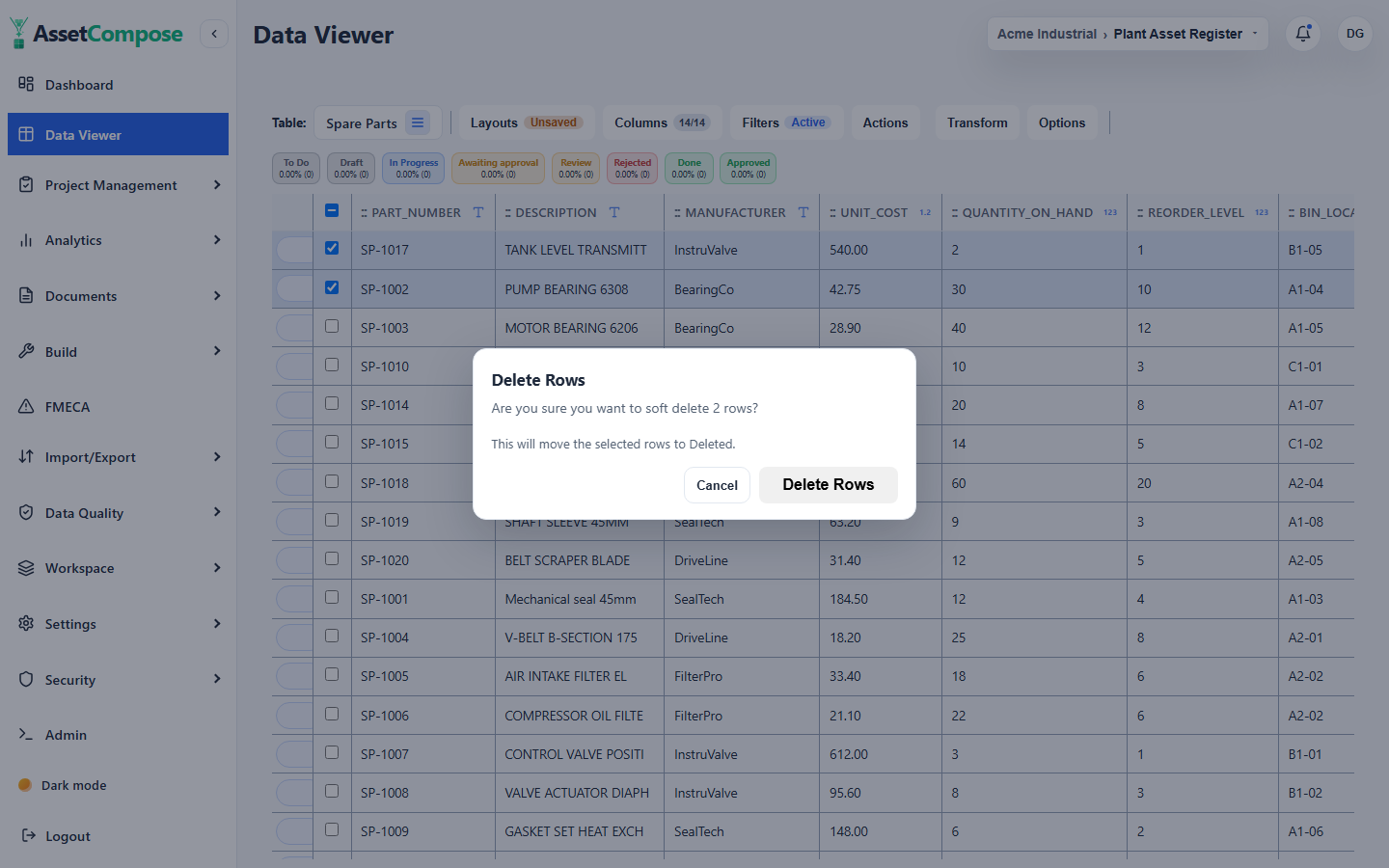 The Delete confirmation; deleted rows move to the recycle bin, not away for good.