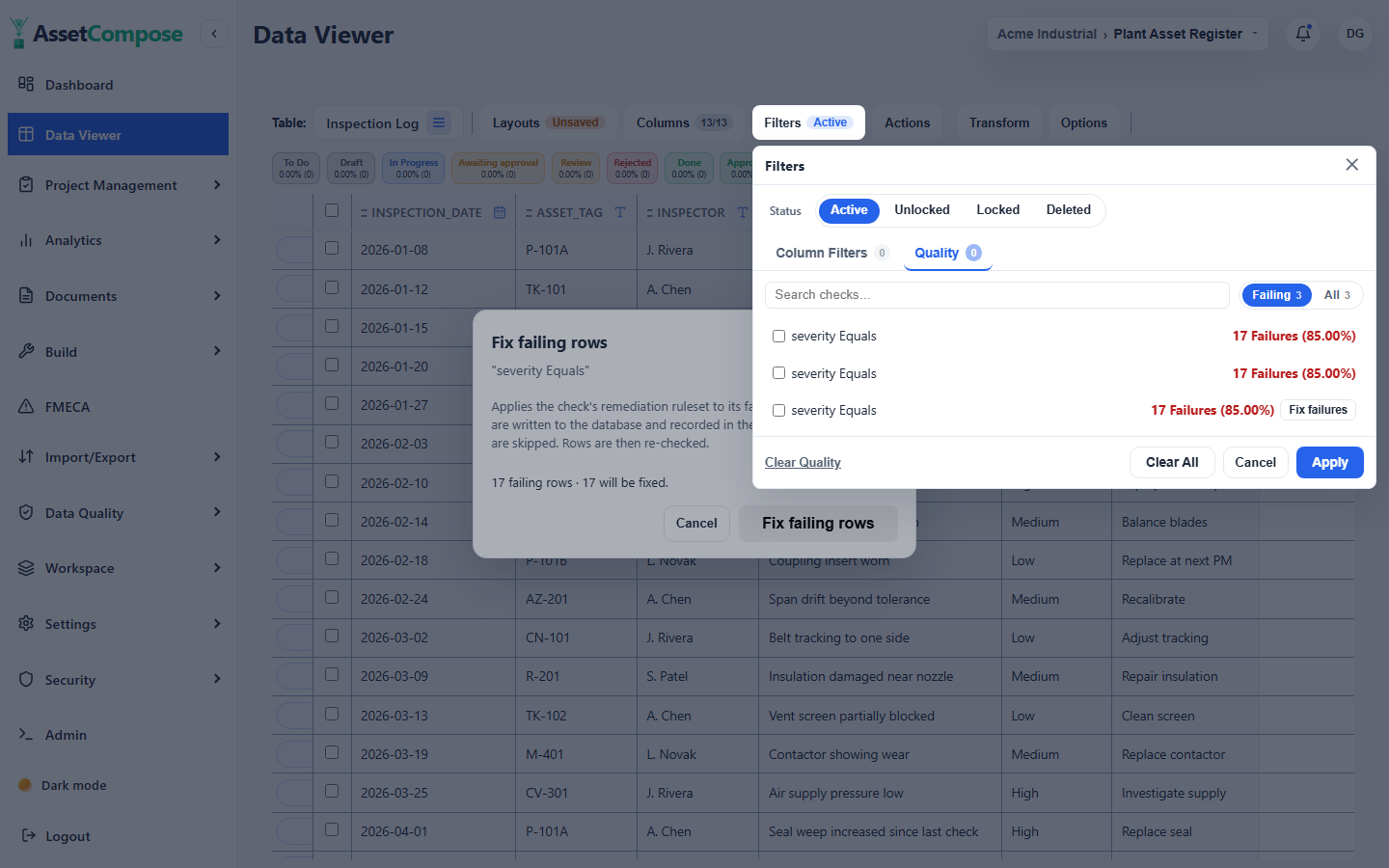 The Fix failing rows dialog previewing how many rows a check can repair.