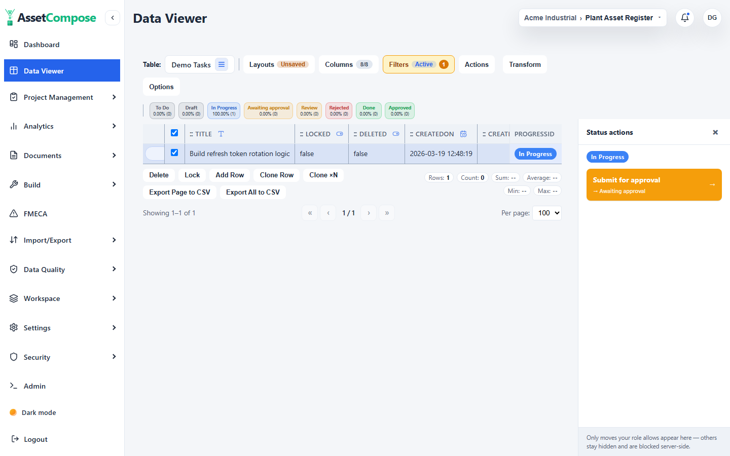 The Status actions panel showing only the moves your role allows.