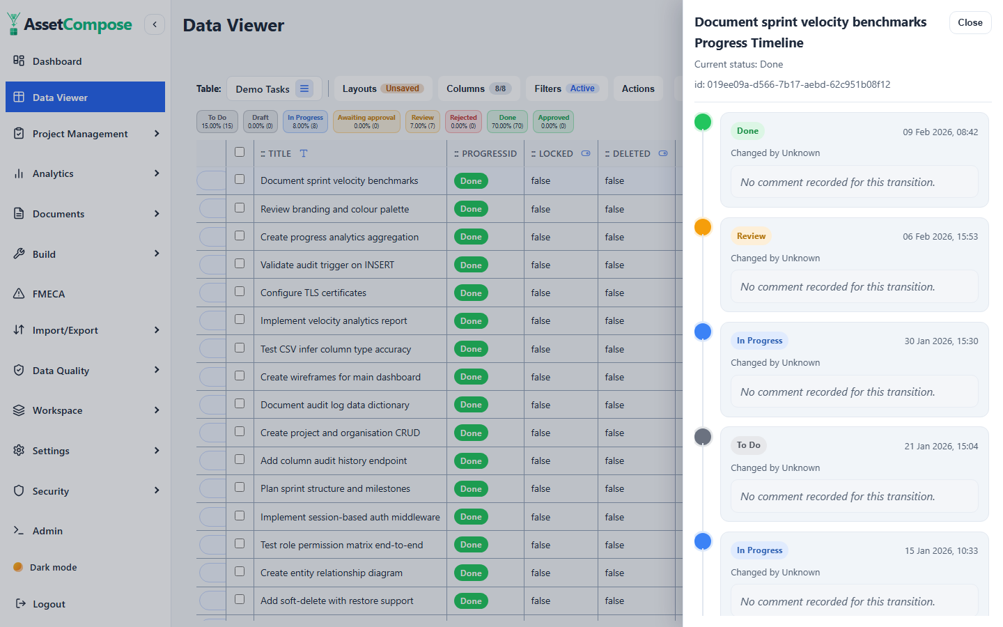 A row&rsquo;s Progress Timeline: every status change with who, when and comments.