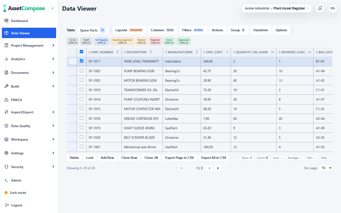 The Export buttons on the selection bar, downloading the grid as CSV.