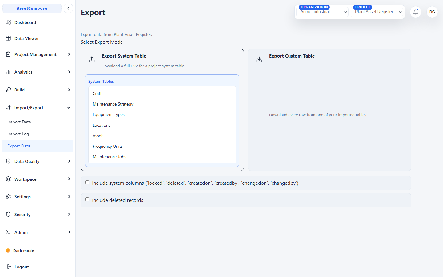 Choosing whether to export a system or custom table.