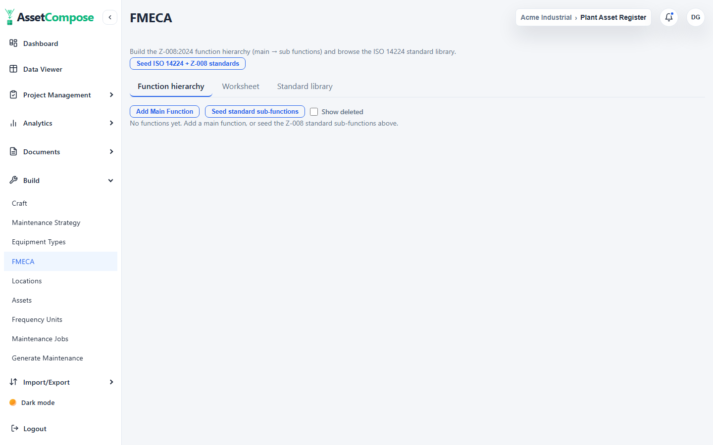 The FMECA module under Build, with its three tabs and the Seed standards button.