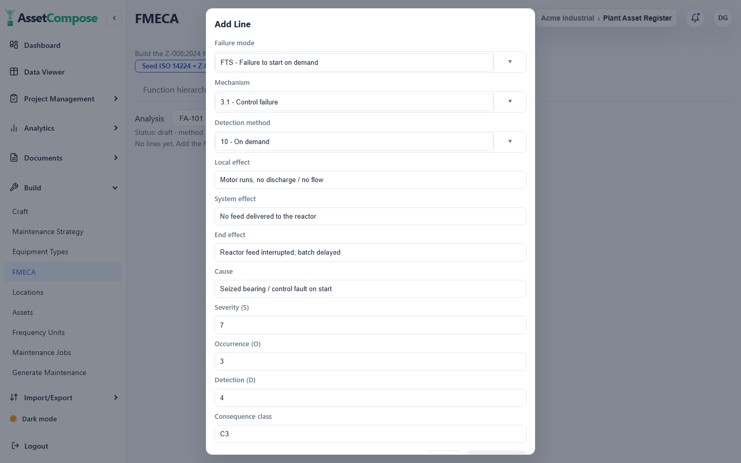 Adding a worksheet line: failure mode, mechanism, detection, effects, cause and the S/O/D ratings.