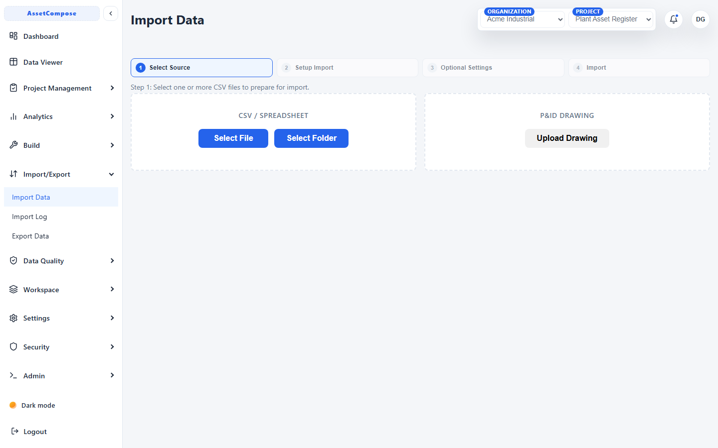 Step 1: choosing a CSV file or folder to import.
