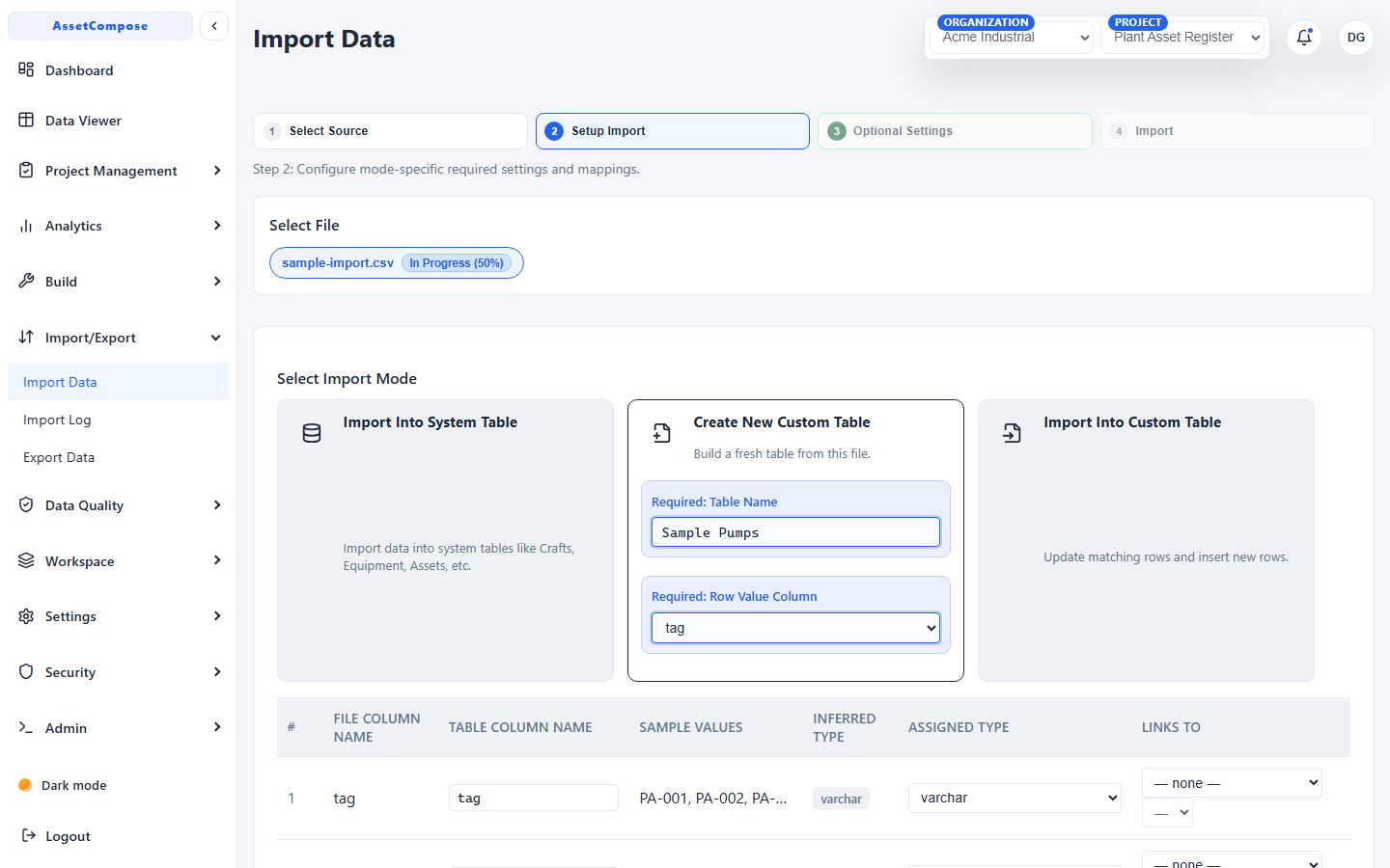 Step 2: choosing an import mode and matching your file columns to the table.
