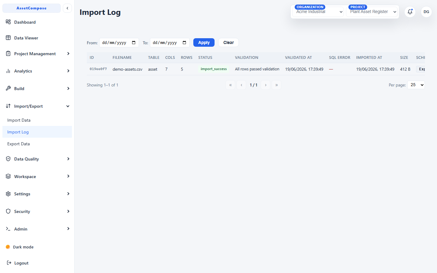 The Import Log showing recent imports and their status.